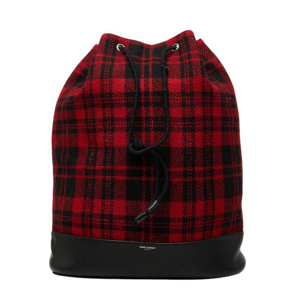 Saint Laurent Tweed Backpack Drawstring Bag Red Leather Wool